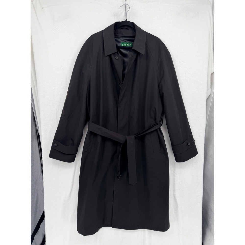 Lauren Ralph Lauren Mens 44L Black Trench Coat Zip Out Liner Belted Overcoat